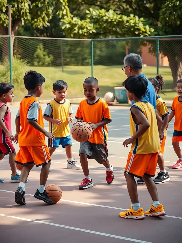 A group of young basketball players in BCM BASKET CLUB MEHUNOIS uniforms practicing dribbling drills during a training session, showcasing the club's youth development program.