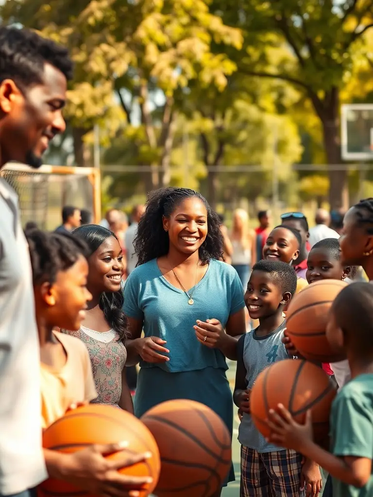 A diverse group of participants at a BCM BASKET CLUB MEHUNOIS community outreach event, playing basketball and interacting with club members, highlighting the club's dedication to social inclusion.