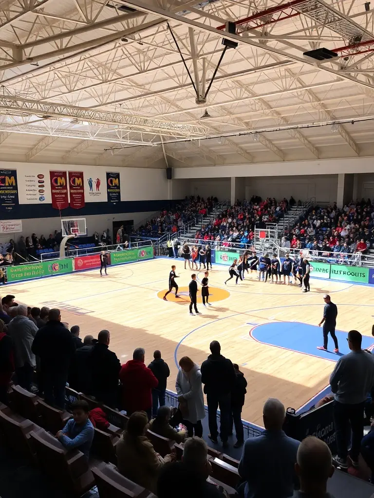 Image of a local basketball court in Mehun-sur-Yèvre, set up for a tournament, with banners and signs promoting the BCM BASKET CLUB MEHUNOIS.