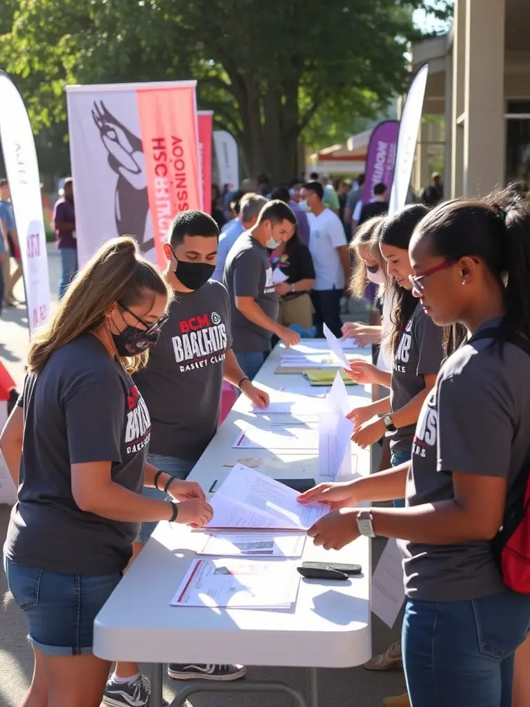 A photograph of BCM BASKET CLUB MEHUNOIS members volunteering at a community event, promoting basketball and healthy lifestyles.