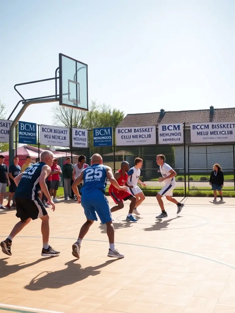 Image of adult basketball league game in Mehun-sur-Yèvre, showcasing competitive play and community spirit, with BCM BASKET CLUB MEHUNOIS branding.