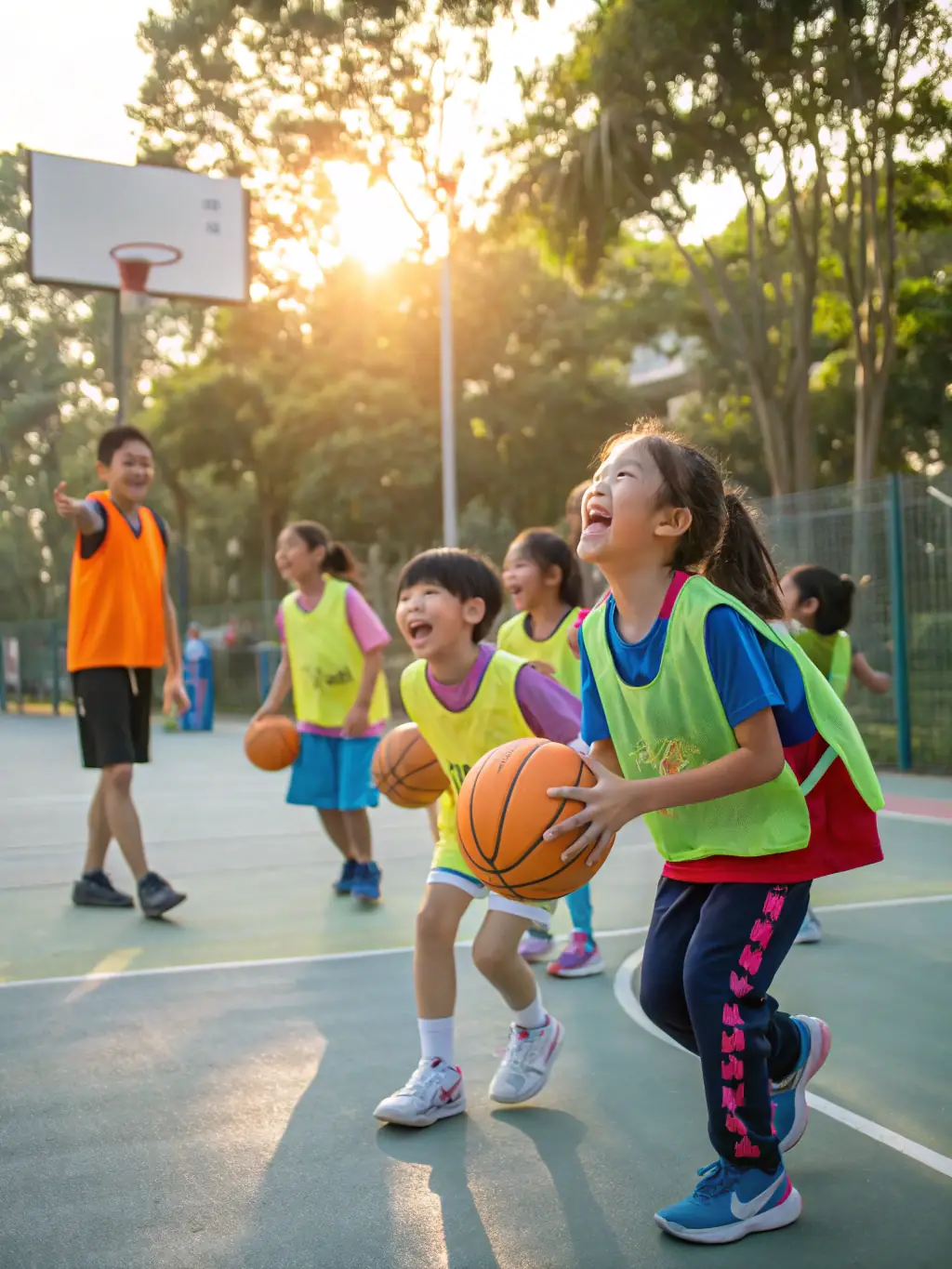 A group of young basketball players in BCM BASKET CLUB MEHUNOIS uniforms practicing dribbling drills during a training session, showcasing the club's youth development program.
