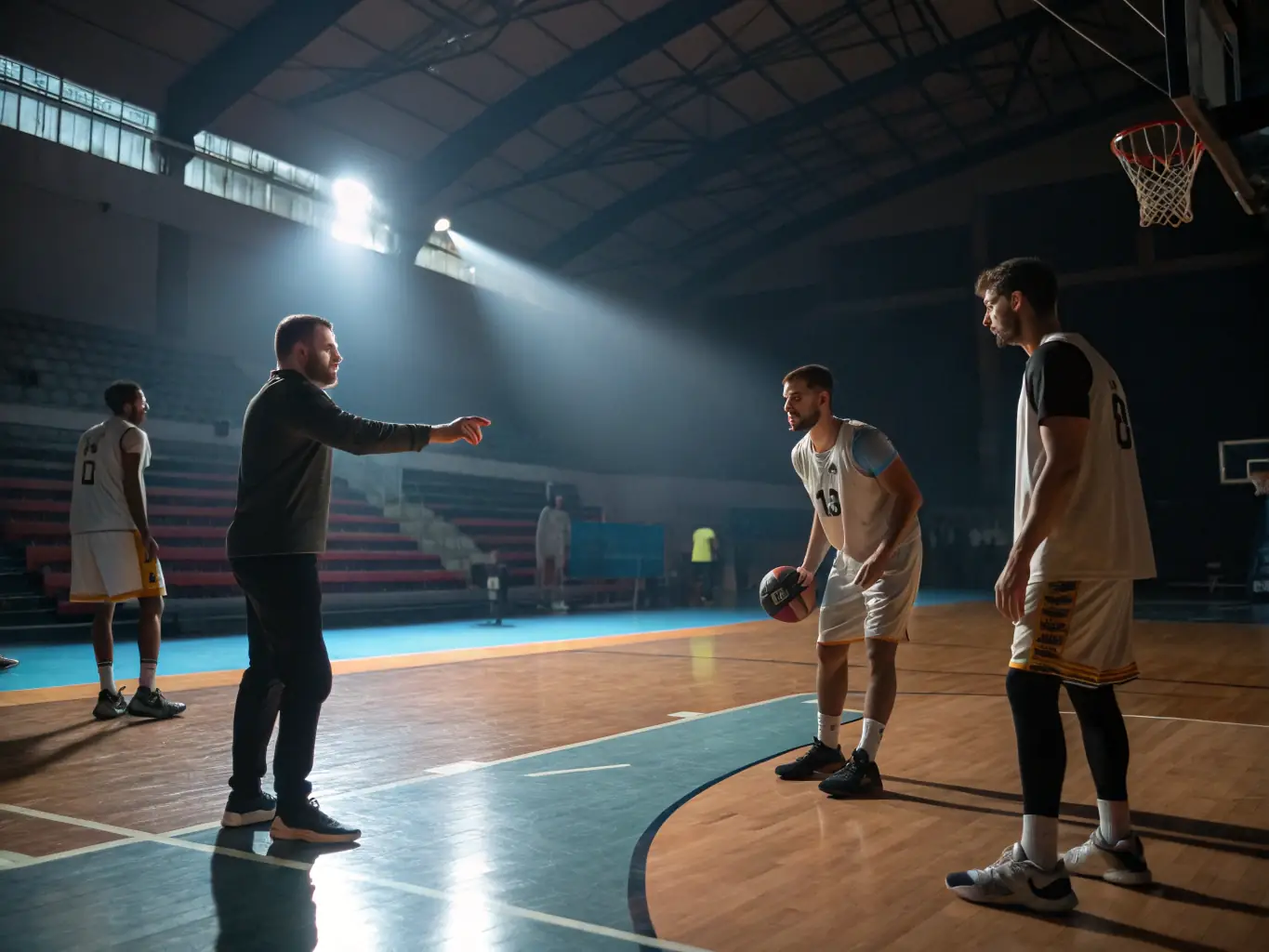 A photo of a basketball clinic with coaches demonstrating techniques to participants, emphasizing skill development and learning.