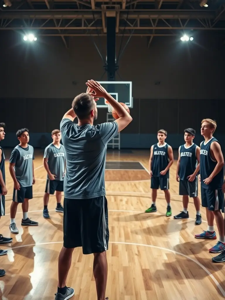 A coach from BCM BASKET CLUB MEHUNOIS instructing adult players during a recreational basketball league game, emphasizing the club's commitment to adult fitness and community engagement.