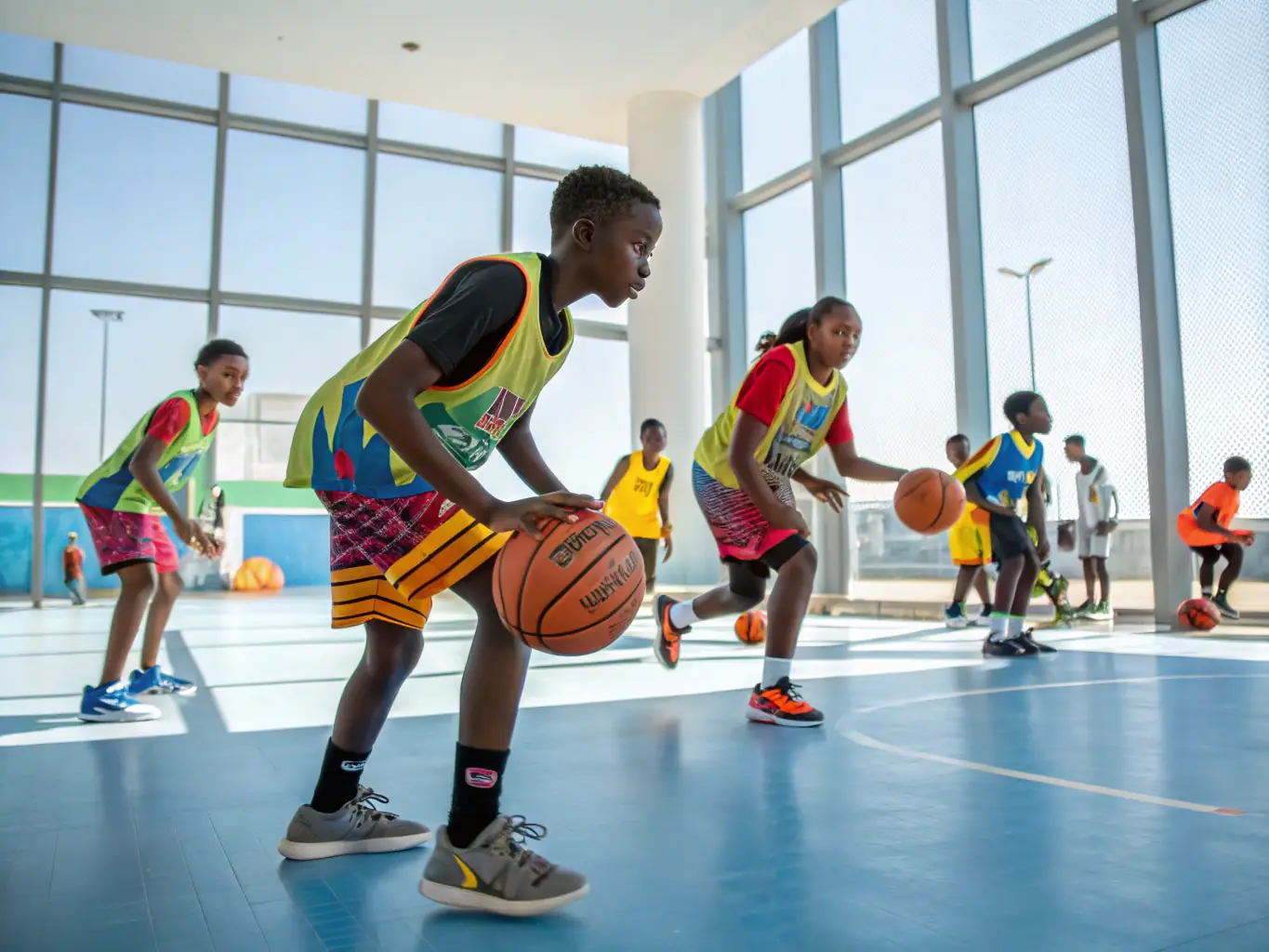 A dynamic shot of young basketball players in action during a training session, showcasing their energy and teamwork.