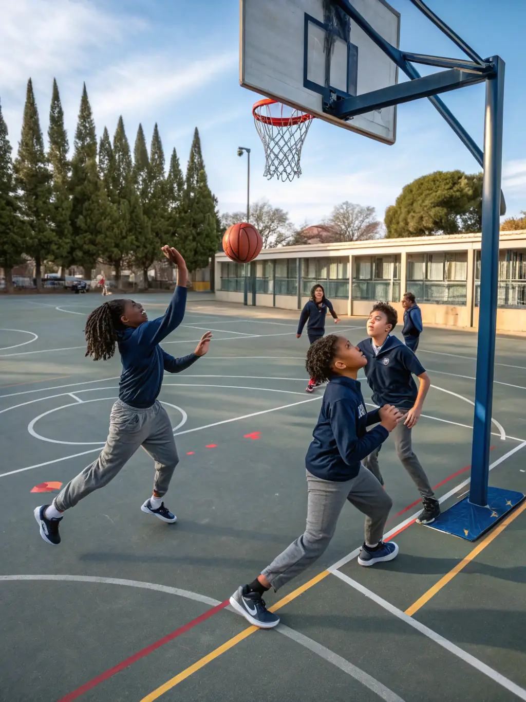 Action shot of young basketball players participating in a BCM BASKET CLUB MEHUNOIS youth league game, focusing on teamwork and skill development.