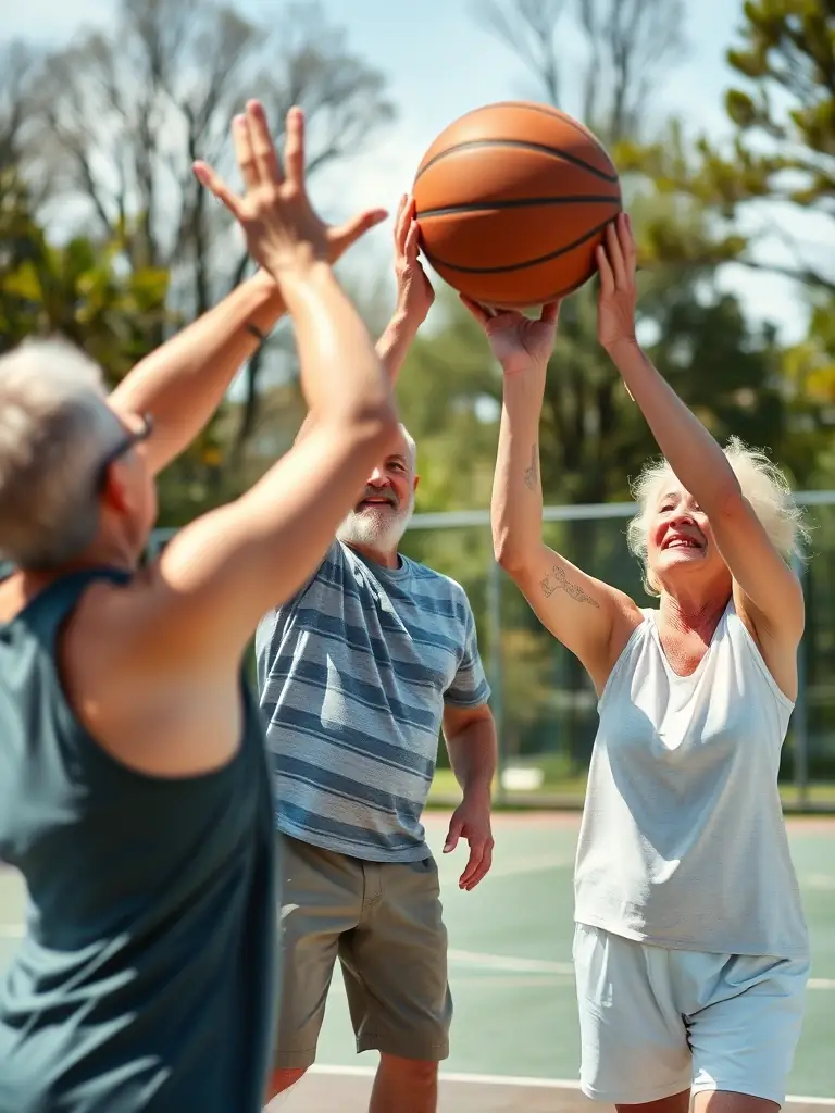 Image of adult players participating in a recreational basketball game organized by BCM BASKET CLUB MEHUNOIS, emphasizing fitness and community engagement.
