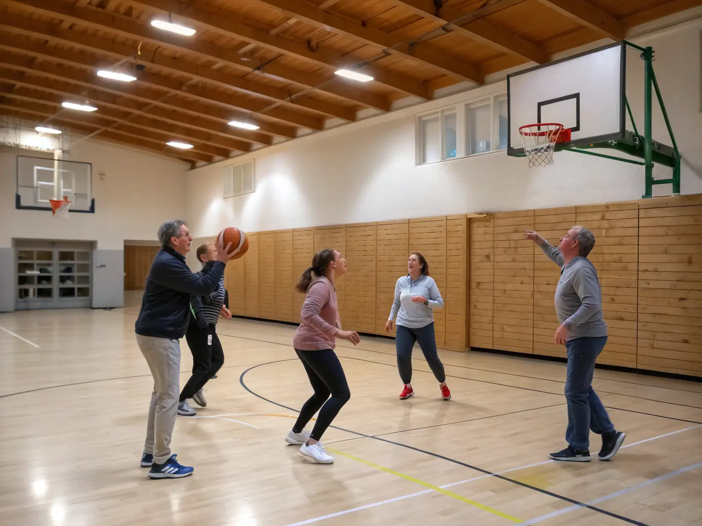 An image of adult players participating in a recreational basketball game, highlighting the fun and social aspects of the sport.