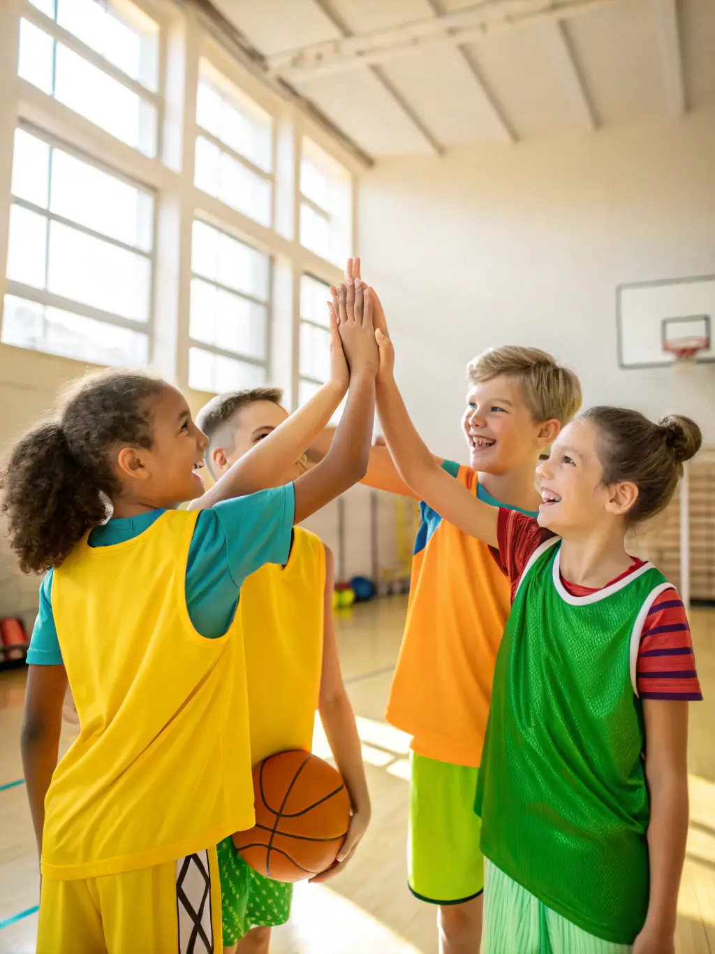 A group of BCM BASKET CLUB MEHUNOIS members laughing and interacting positively during a team break, emphasizing the social aspect of the club.