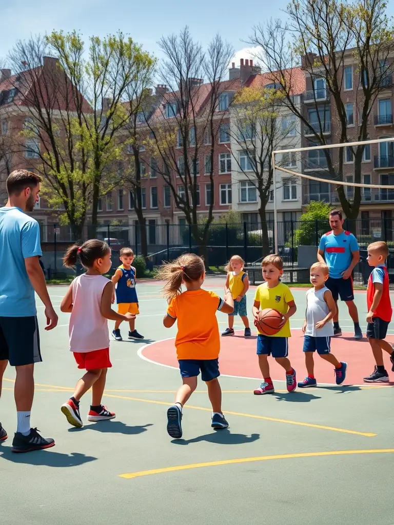 Action shot of a youth basketball team in Mehun-sur-Yèvre practicing drills, focusing on teamwork and skill development, with the BCM BASKET CLUB MEHUNOIS logo subtly visible in the background.