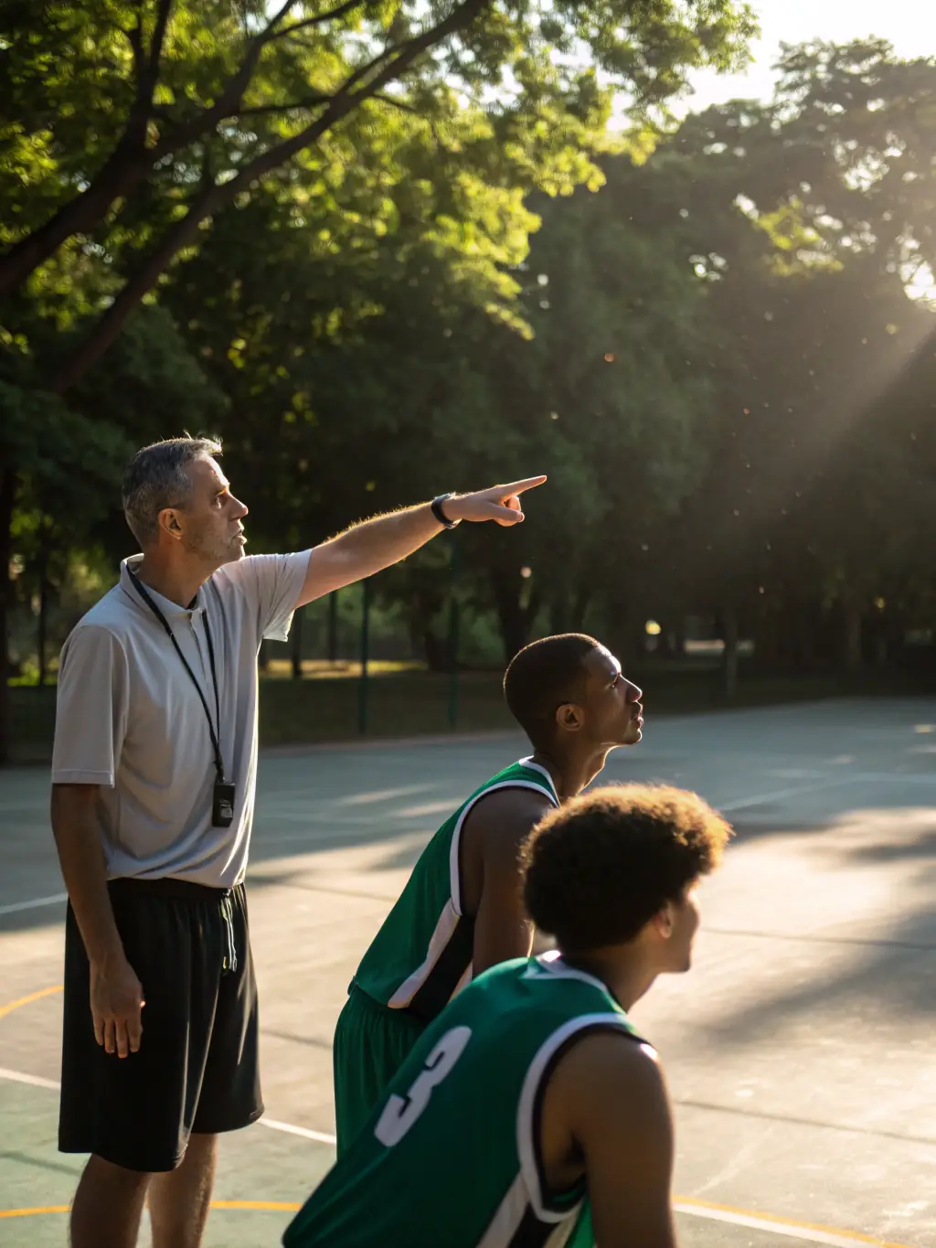 A coach from BCM BASKET CLUB MEHUNOIS instructing adult players during a recreational league game, emphasizing the club's commitment to lifelong fitness and community engagement.